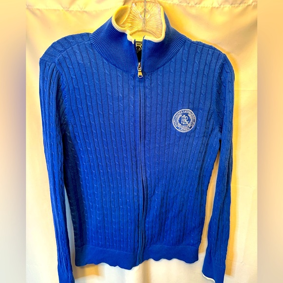 Lauren Ralph Lauren Active Size Small Blue Embroidered Zip Cable Knit Sweater - Picture 1 of 10